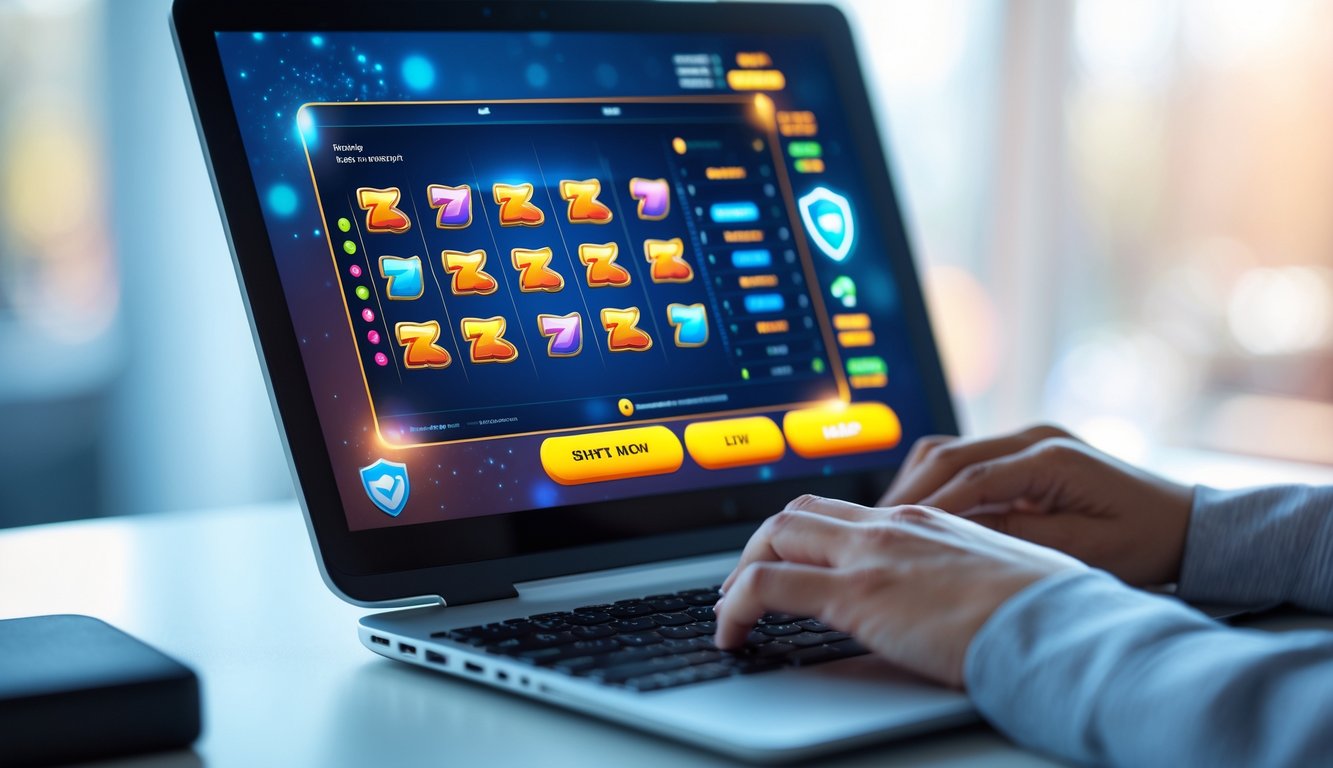 Seseorang menggunakan komputer dengan permainan slot online yang aman dan terpercaya di layar.