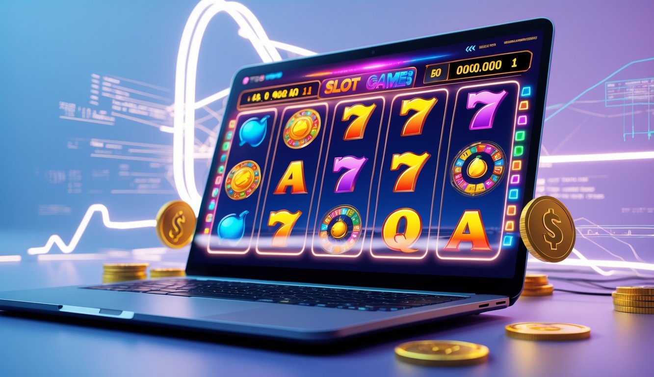 Sebuah layar komputer modern menampilkan permainan slot online dengan simbol warna-warni dan efek cahaya futuristik.