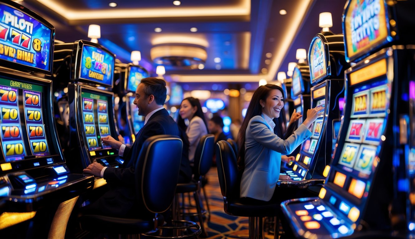 Orang-orang bermain mesin slot di dalam kasino modern dengan pencahayaan hangat dan suasana yang ramai.