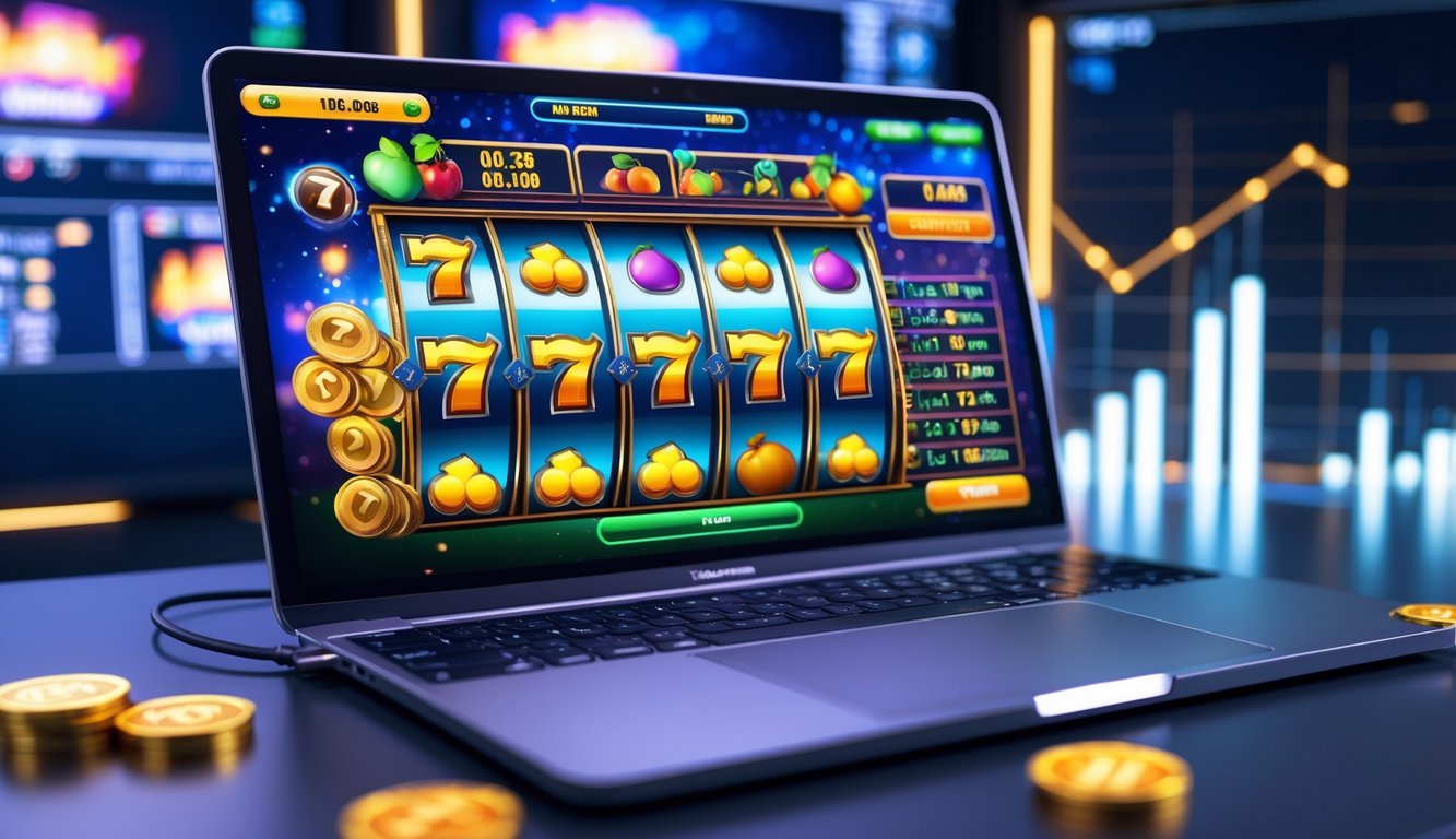 Seseorang menggunakan komputer dengan layar menampilkan permainan slot online yang berwarna-warni dan menarik.