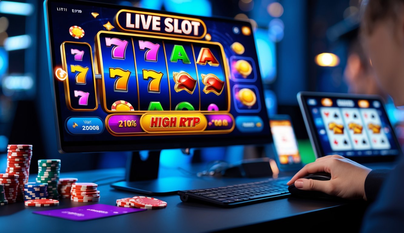 Seseorang menggunakan komputer dengan tampilan permainan slot online yang berwarna-warni dan elemen kasino di sekitar meja.