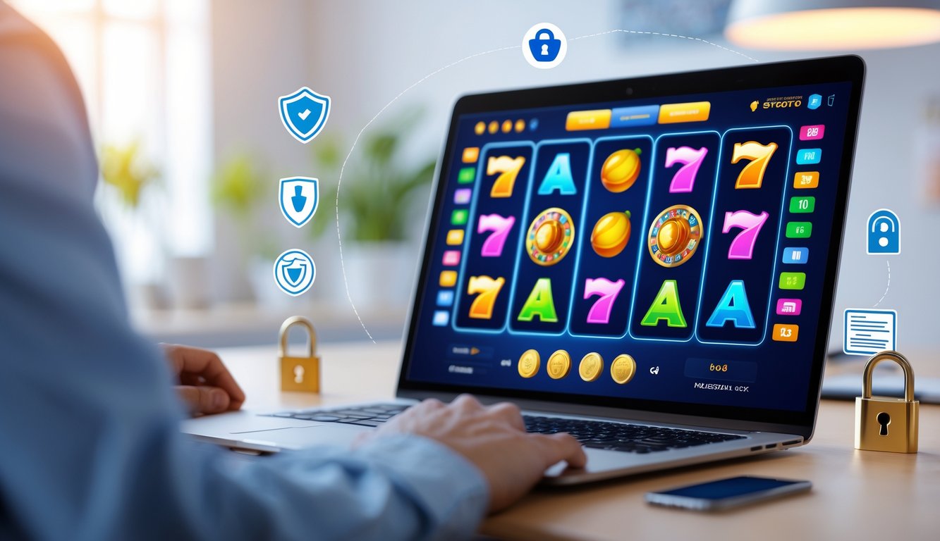 Layar komputer menampilkan permainan slot online dengan simbol warna-warni dan ikon keamanan di sekitar perangkat.