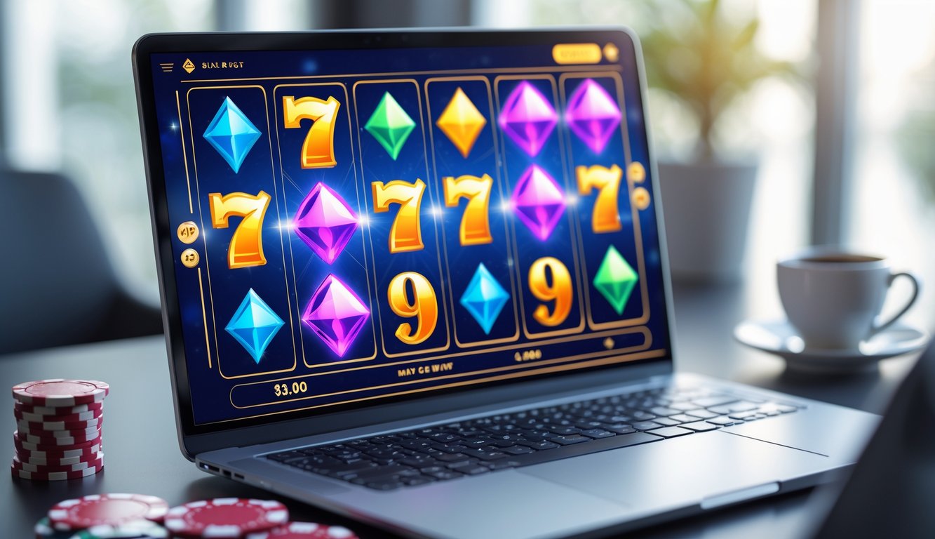 Seorang pengguna sedang bermain mesin slot online di komputer di ruang kerja yang rapi dan terang.