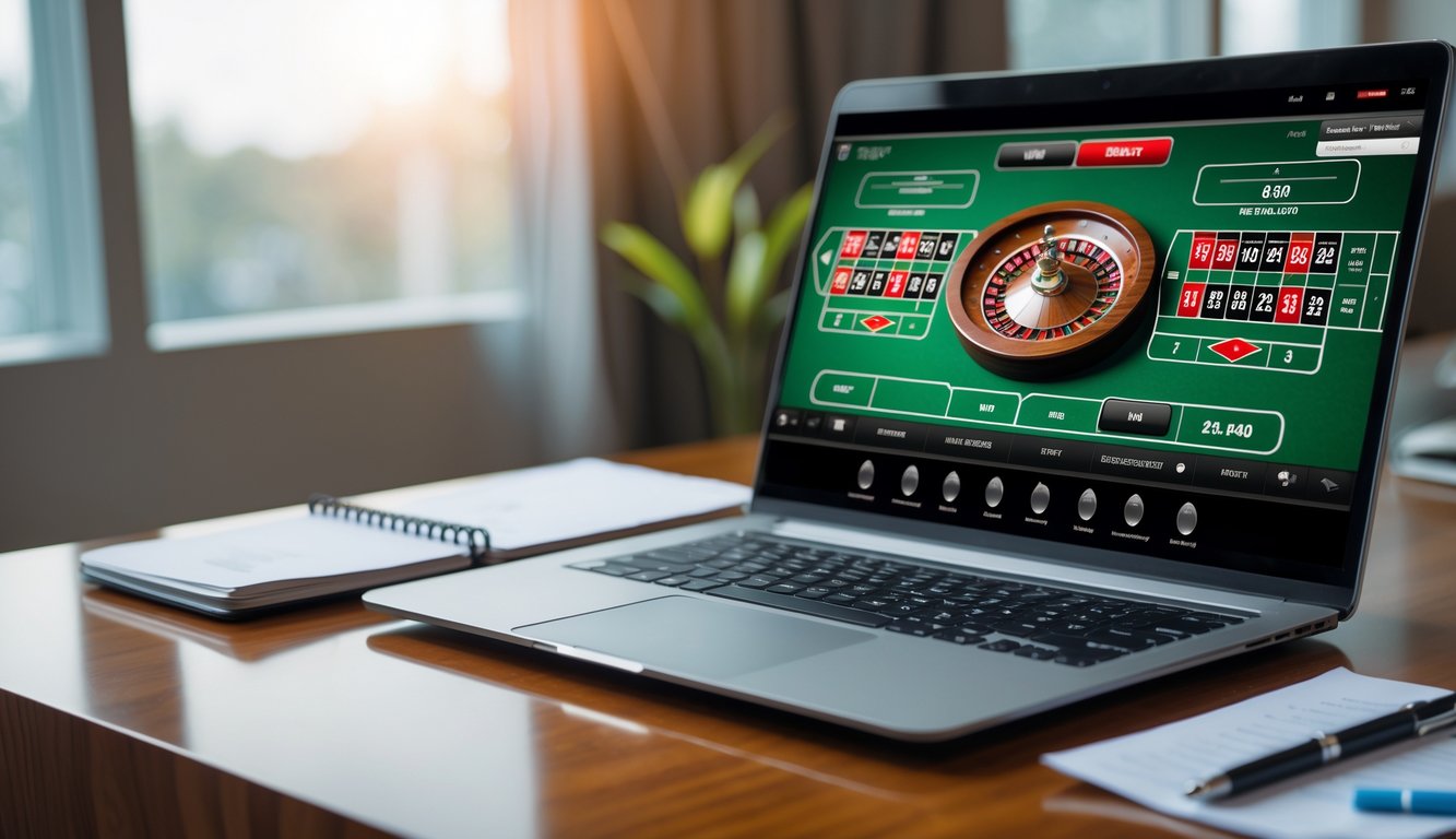 Seseorang sedang menggunakan laptop dengan permainan roulette online di layar, di meja terdapat catatan dan pena untuk merencanakan strategi taruhan.