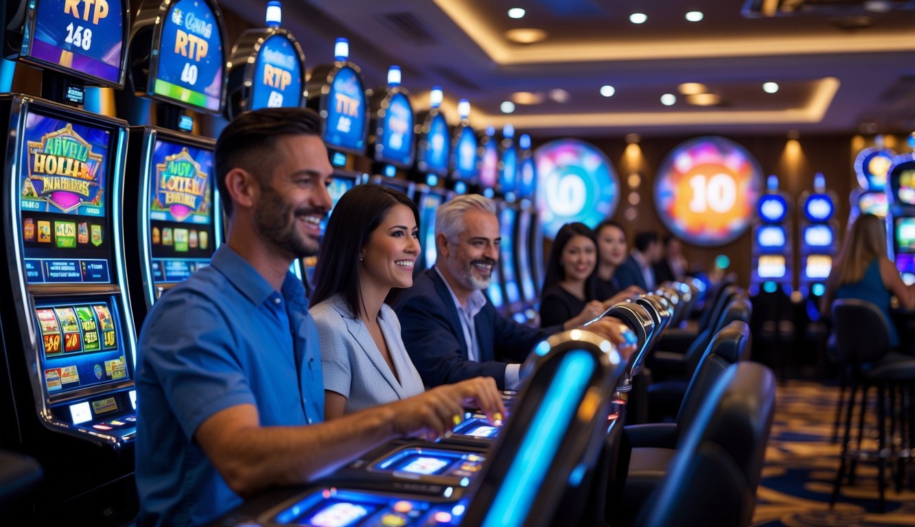 Orang-orang bermain mesin slot di dalam kasino yang terang dan modern dengan suasana yang menyenangkan.