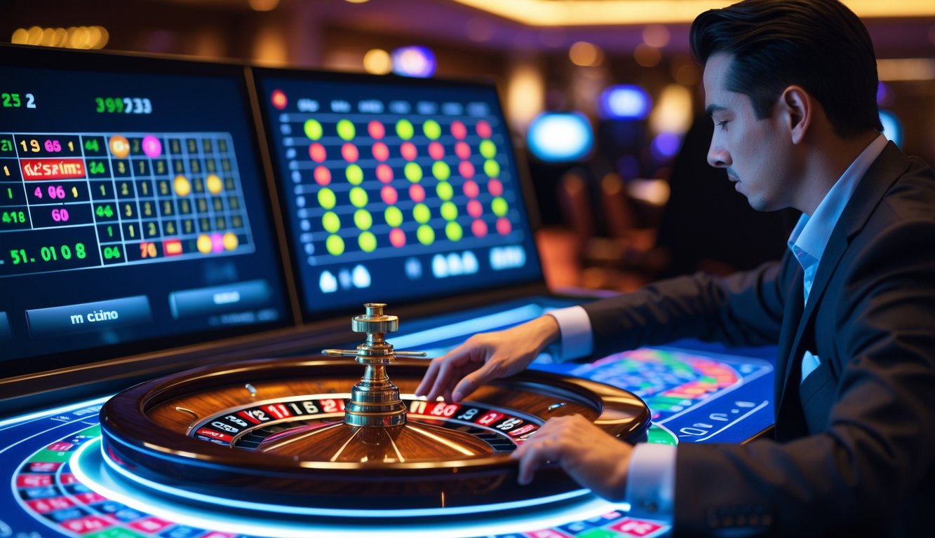 Seorang profesional sedang menganalisis pola dan tren pada meja roulette digital dengan layar sentuh di lingkungan kasino.