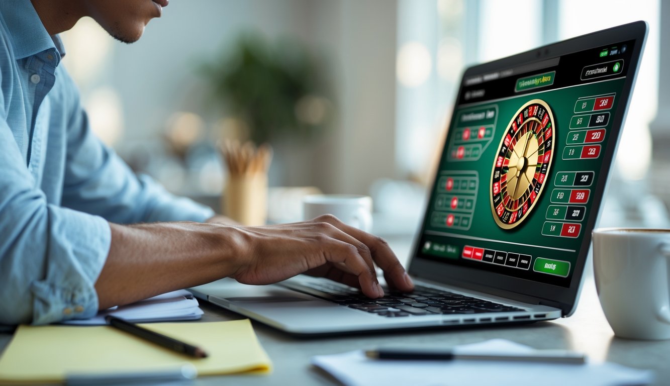 Seseorang yang fokus bermain roulette online di depan laptop dengan suasana kerja yang tenang.