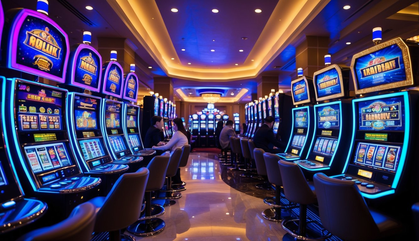 Area mesin slot kasino modern dengan beberapa pemain yang sedang bermain, suasana cerah dan mewah.