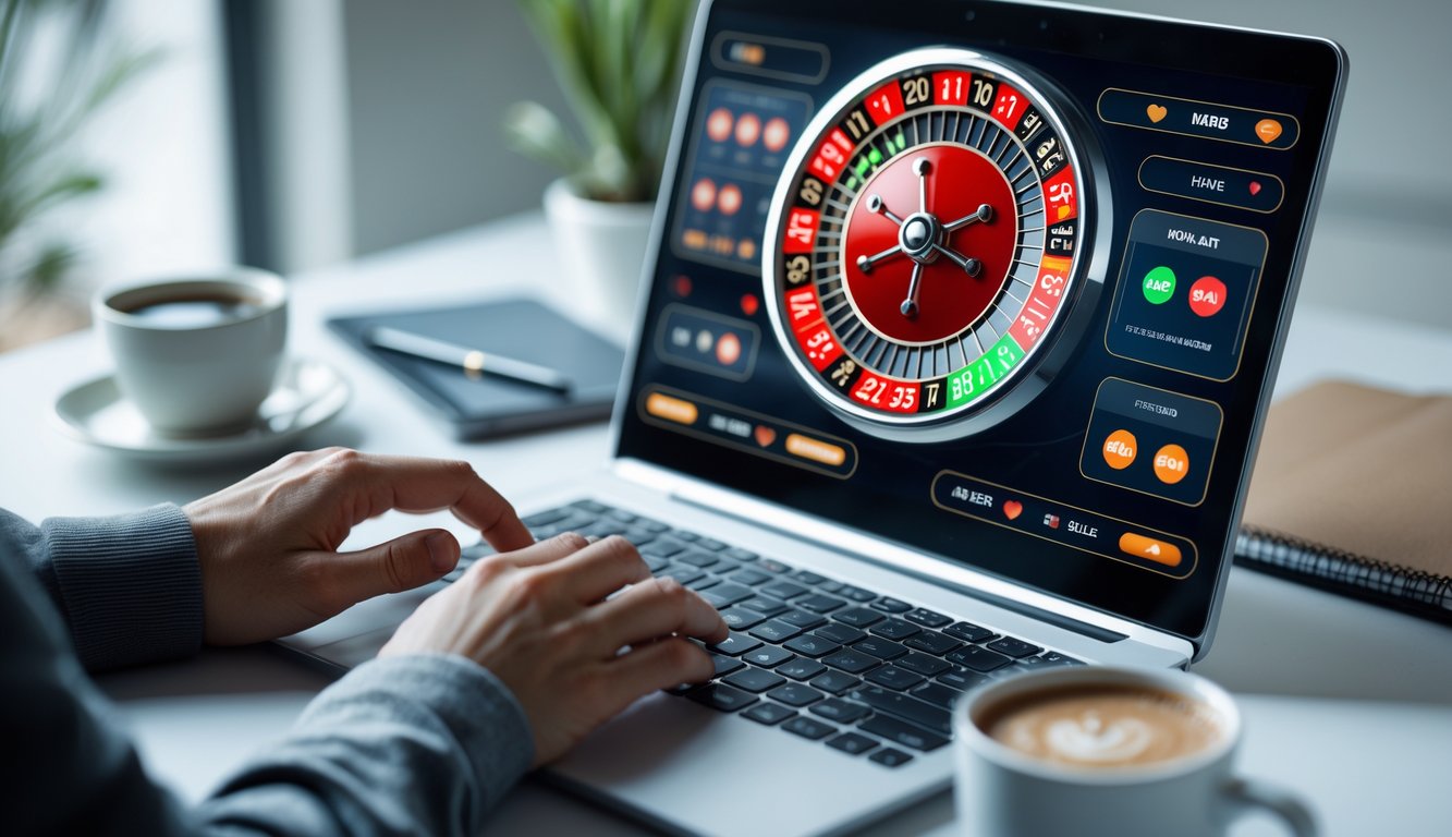 Seseorang sedang bermain roulette online di depan komputer di ruang kerja yang rapi.