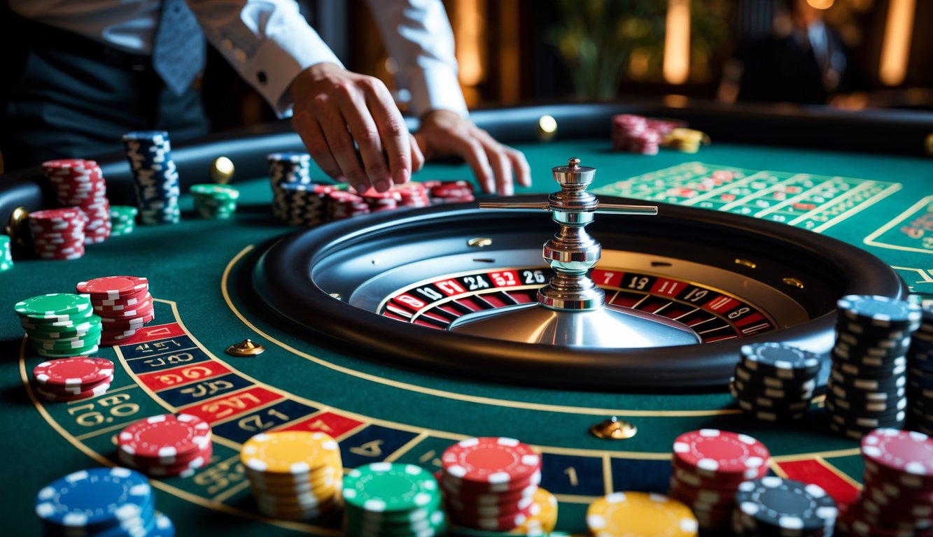 Meja roulette modern dengan roda roulette yang berputar, chip taruhan berwarna-warni, dan tangan pemain yang meletakkan chip di meja taruhan di dalam kasino.