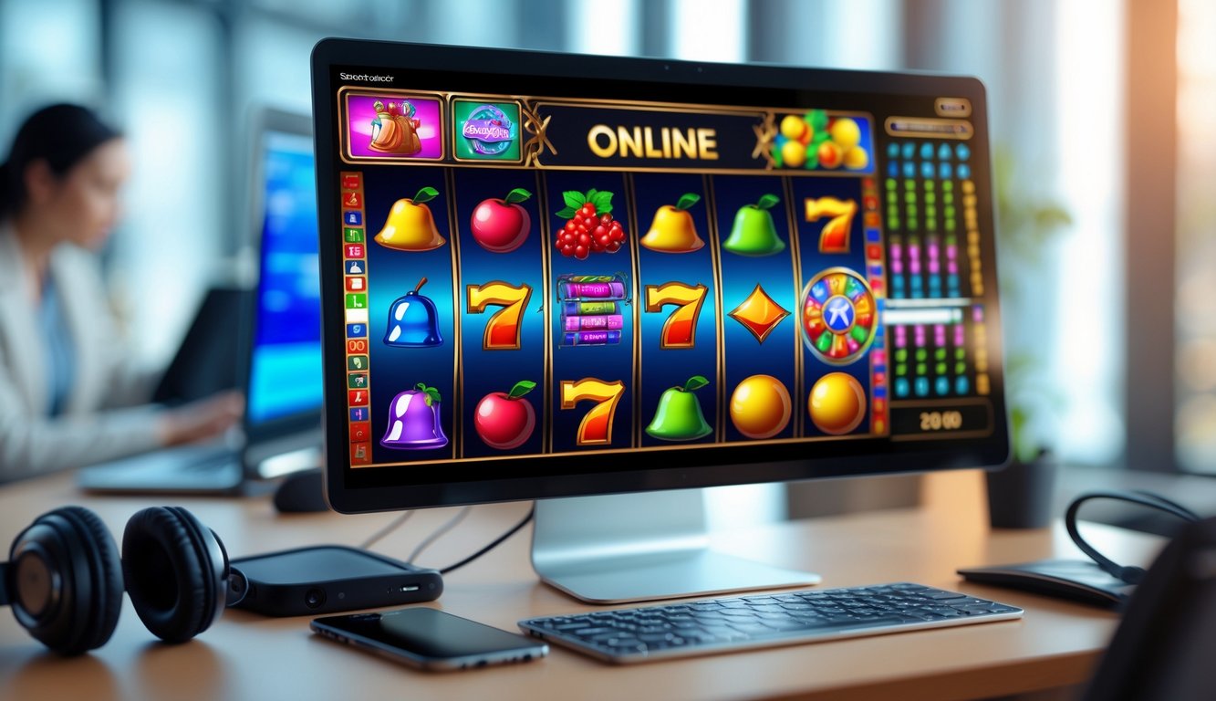 Layar komputer menampilkan mesin slot online dengan simbol warna-warni di sebuah ruang kantor modern.