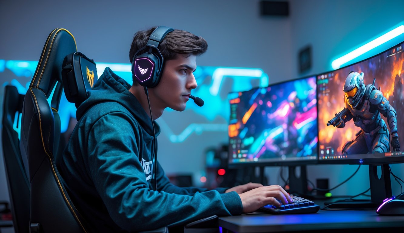 Seorang pemain muda sedang fokus bermain game e-sports di depan beberapa layar komputer dalam ruangan dengan pencahayaan modern.