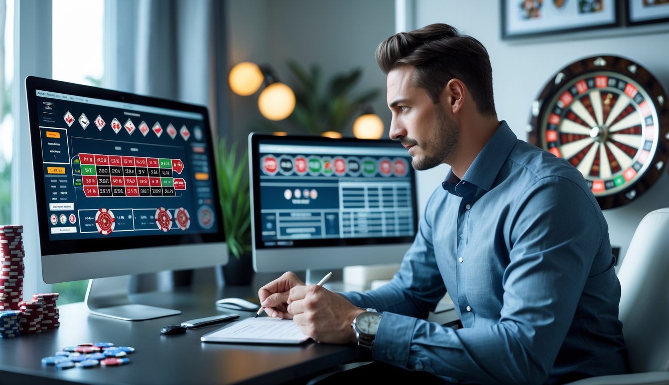Seorang pria duduk di meja dengan beberapa layar komputer menampilkan permainan roulette online dan grafik strategi, sambil mencatat di tablet digital di ruang kerja yang rapi.