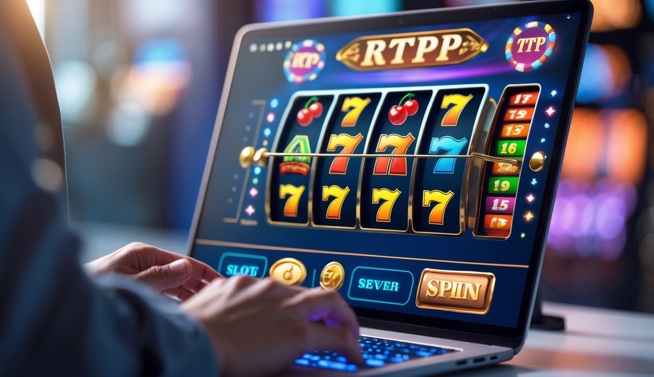 Tangan seseorang sedang menggunakan komputer dengan tampilan mesin slot digital yang berwarna-warni di layar.