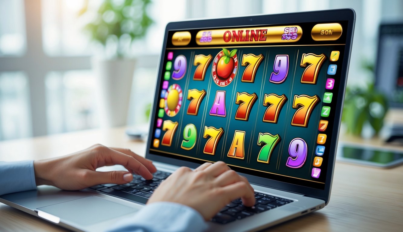 Seorang pengguna sedang bermain permainan slot online di laptop di atas meja kayu di ruang kantor yang terang.