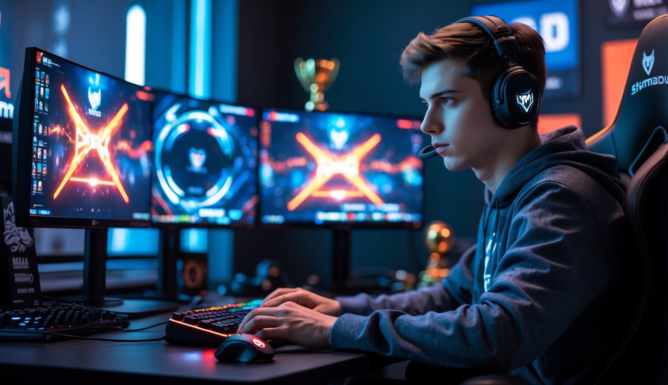Seorang pemain muda sedang fokus bermain di depan komputer dengan peralatan gaming lengkap di ruangan yang terang.