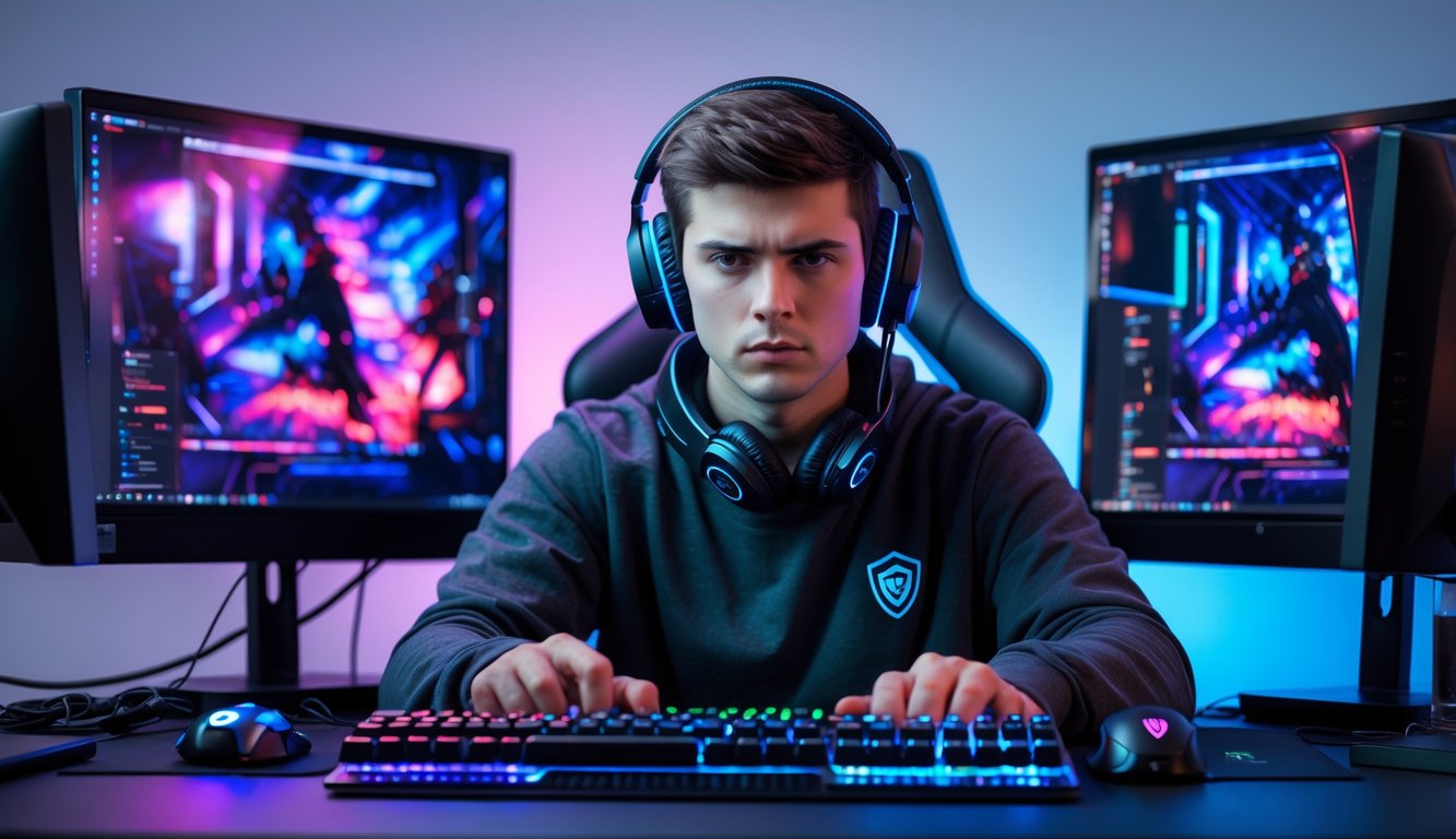Seorang pemain game muda yang fokus duduk di depan beberapa monitor dengan peralatan gaming di sekitarnya.