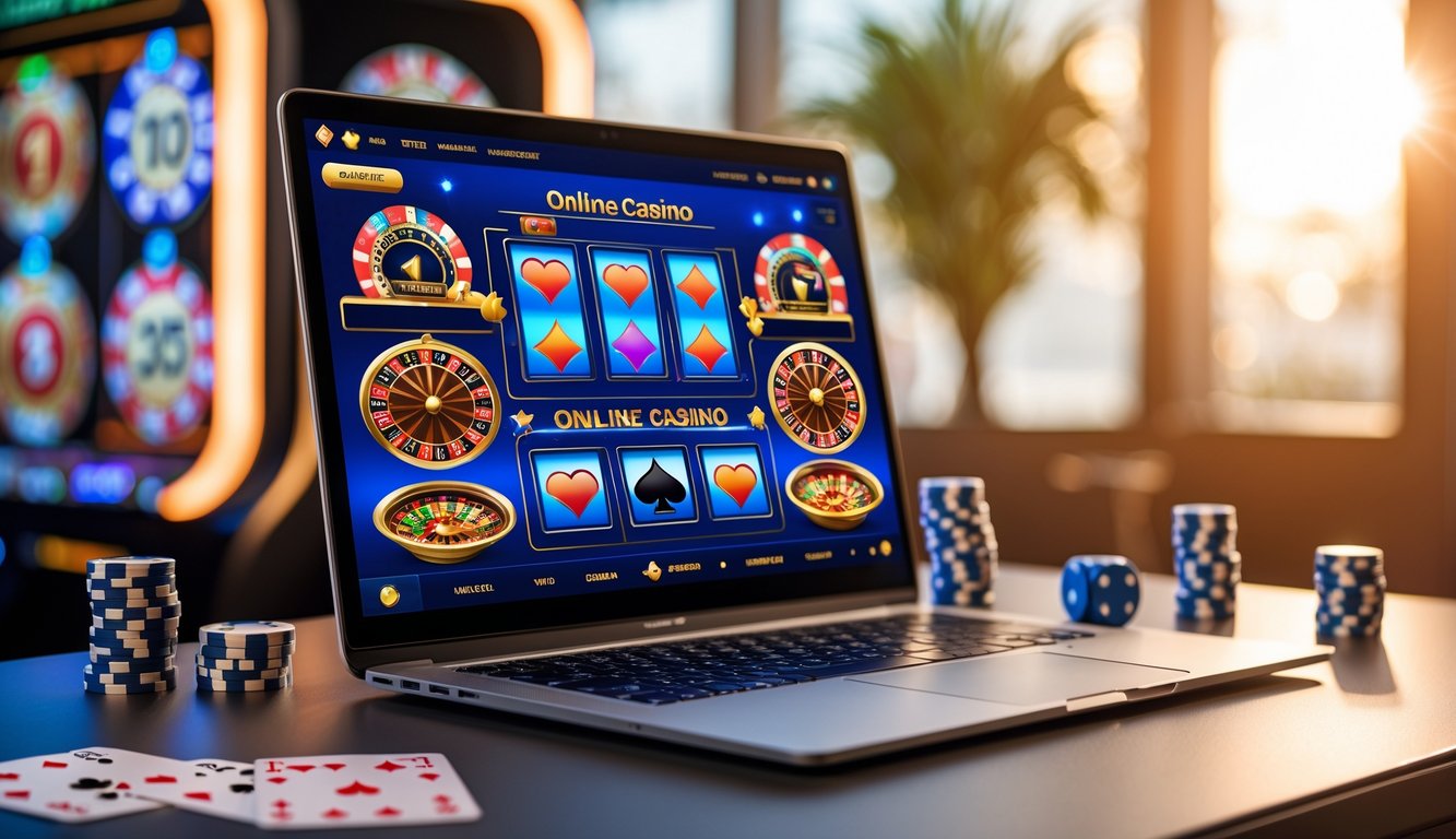 Sebuah laptop menampilkan permainan kasino online dengan chip poker dan kartu di sekitarnya di atas meja.