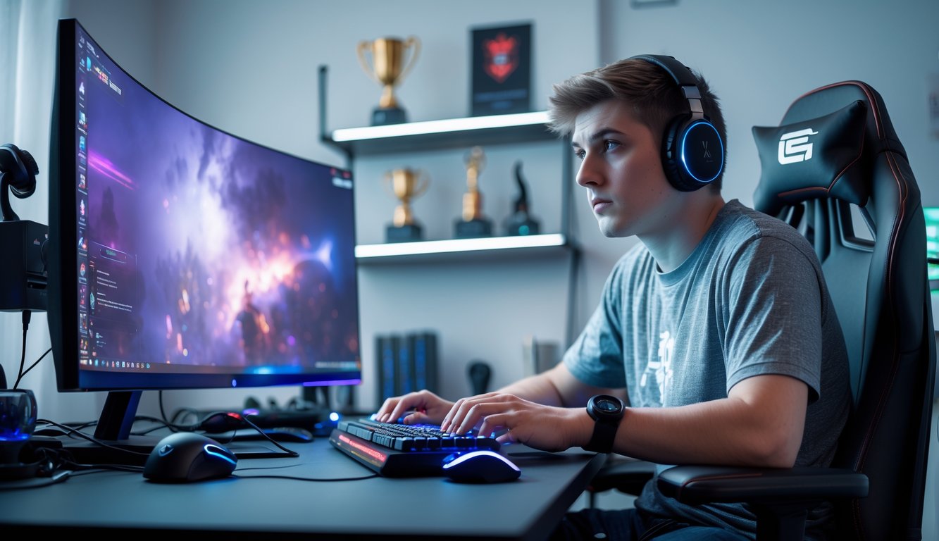 Seorang pemain game muda duduk di depan komputer dengan ekspresi fokus dan sedikit frustrasi, di ruangan yang rapi dengan perlengkapan gaming.