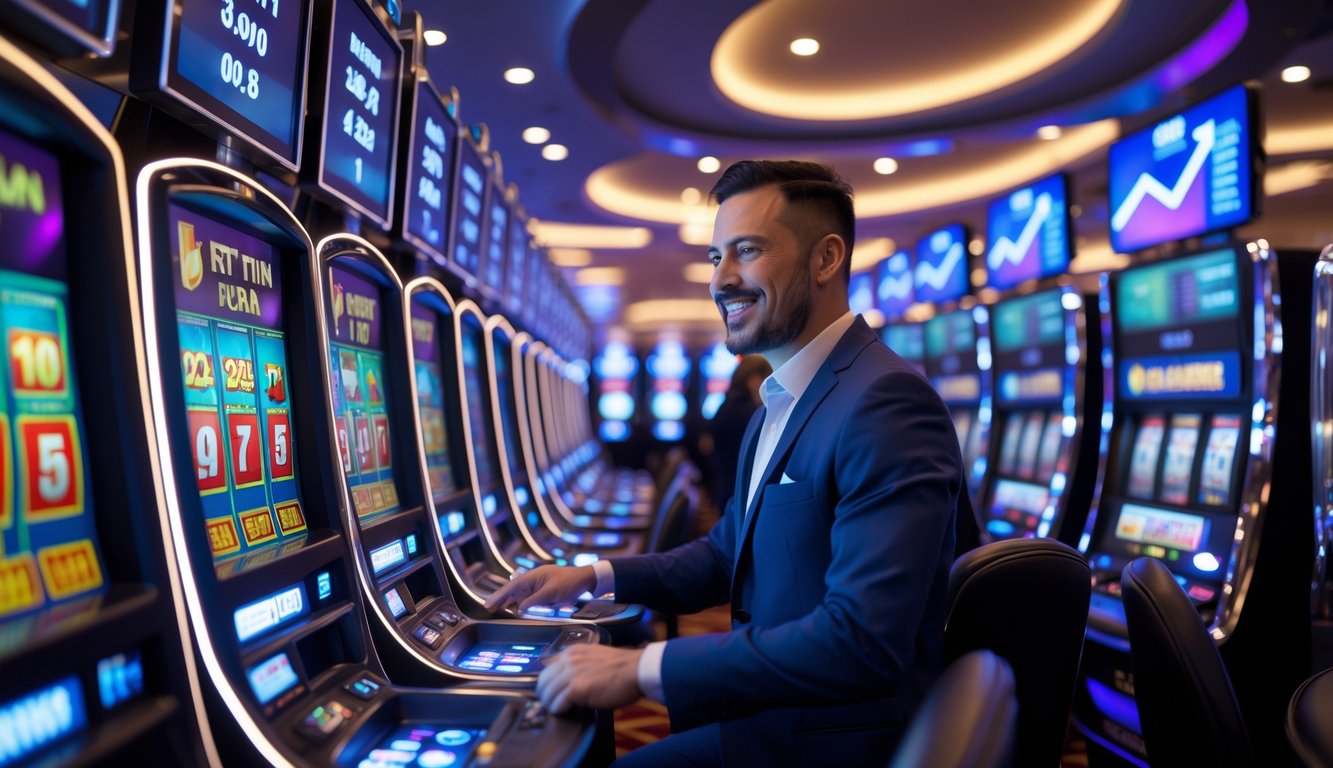 Seorang pemain di kasino modern dengan mesin slot dan layar digital menunjukkan suasana kasino yang hidup dan profesional.
