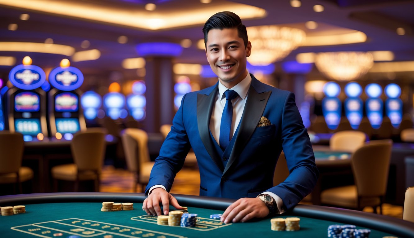 Seorang dealer kasino profesional berdiri di belakang meja permainan dengan kartu dan chip, di dalam lingkungan kasino yang mewah dan ramai.