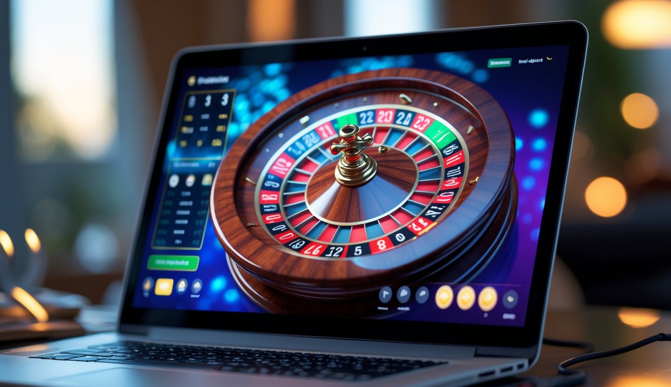 Tampilan permainan roulette online di layar komputer dengan roda roulette berputar dan angka taruhan yang jelas.