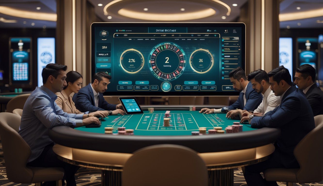 Beberapa orang sedang berkumpul di sekitar meja baccarat digital dengan layar sentuh, menganalisis data dan strategi permainan.
