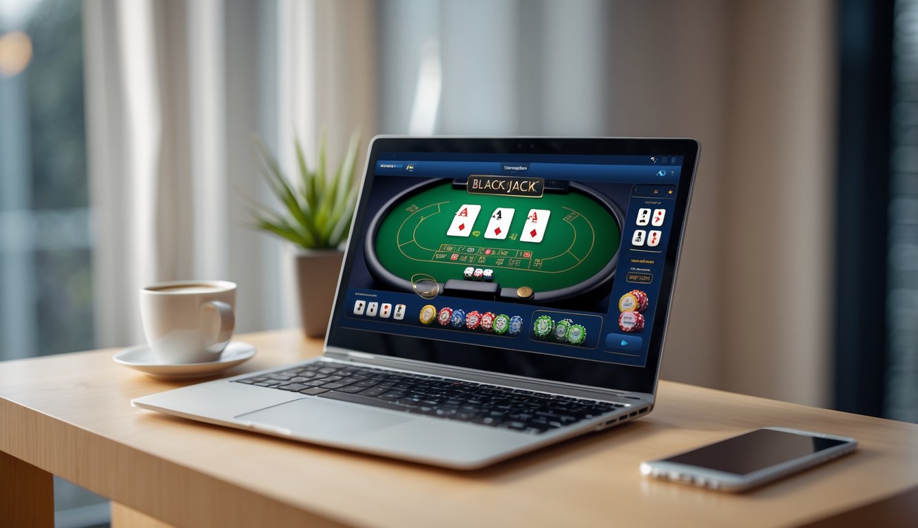 Seorang pemain sedang bermain blackjack online di laptop dengan meja kartu dan chip terlihat di layar.