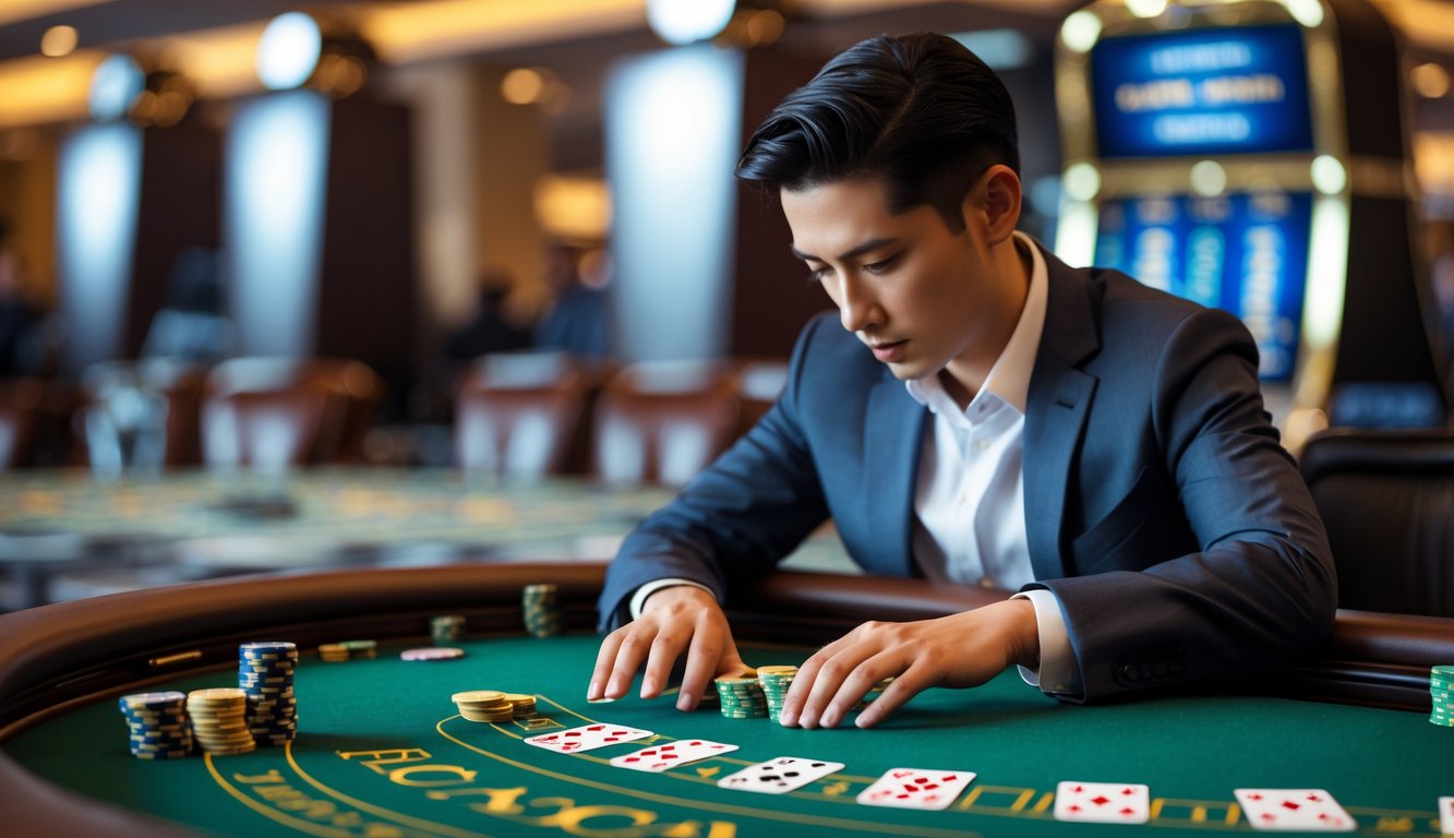 Seorang pemain dengan ekspresi fokus duduk di meja baccarat dengan kartu dan chip tertata rapi di depan.