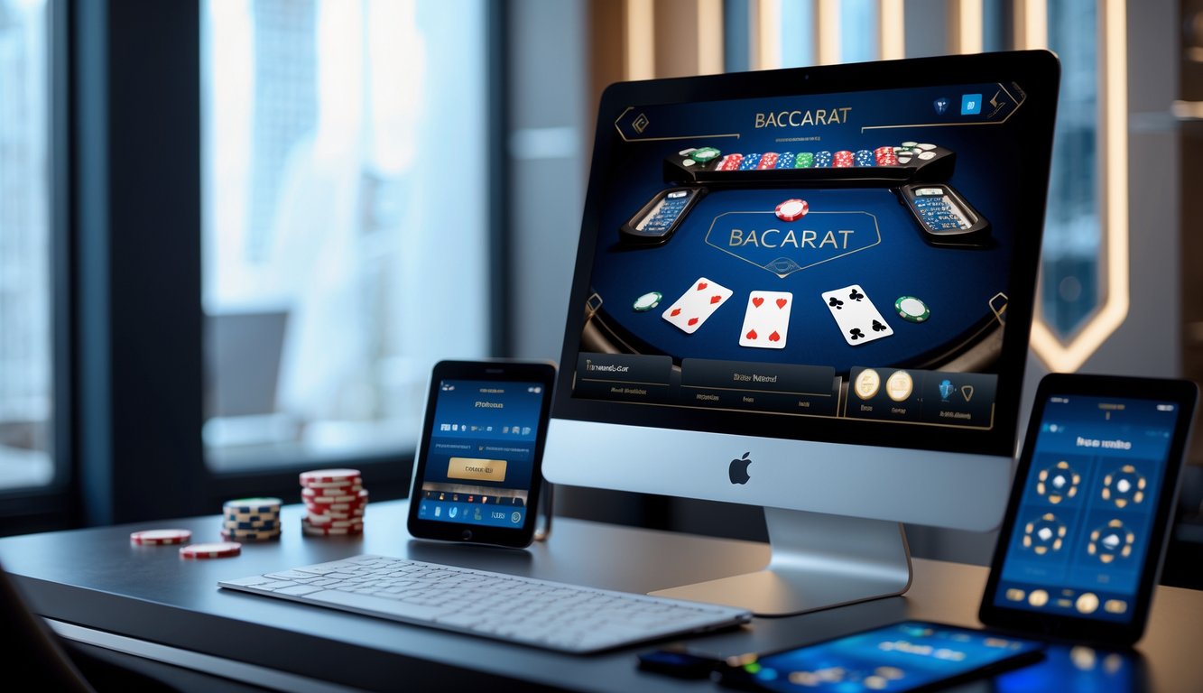 Seorang pengguna sedang bermain baccarat online di komputer dengan perangkat digital di sekitar meja kerja yang rapi dan modern.