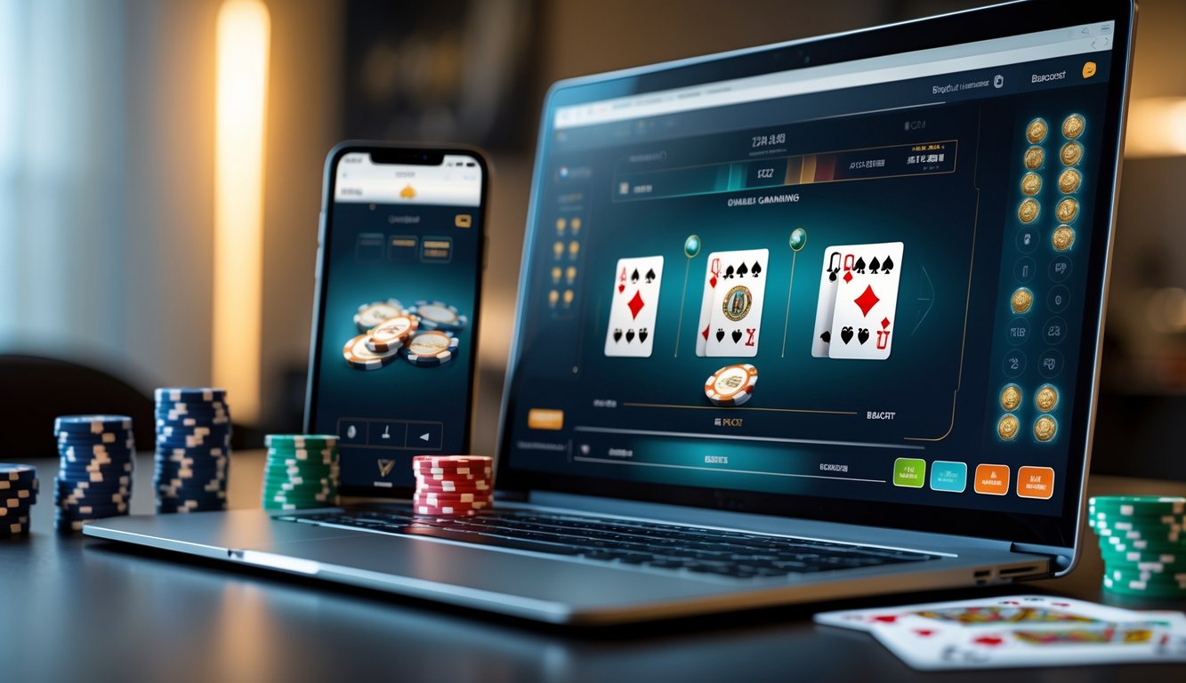 Seorang pemain sedang bermain baccarat online menggunakan laptop dengan kartu dan chip judi di sekitarnya.