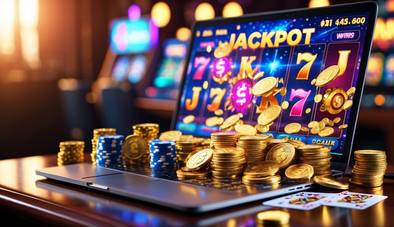Sebuah komputer menampilkan permainan mesin slot online dengan simbol jackpot dan koin, dikelilingi oleh chip poker, kartu remi, dan dadu di atas meja kayu.