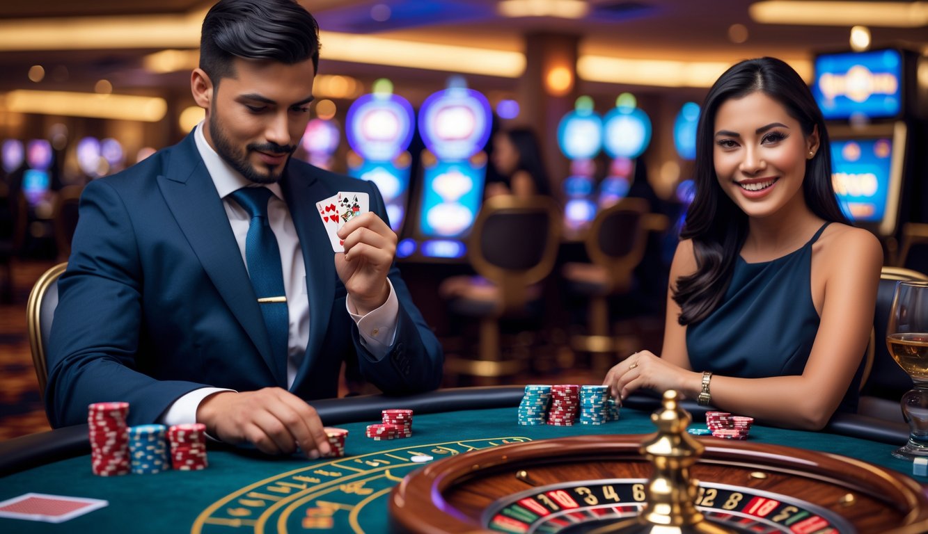 Seorang pria dan wanita duduk di meja kasino dengan kartu dan chip poker, terlihat fokus dan percaya diri dalam suasana kasino yang ramai.