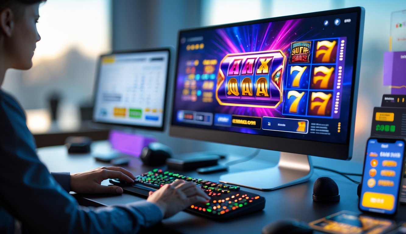 Seorang pemain menggunakan komputer dengan tampilan permainan slot online di layar, fokus pada permainan di meja kerja modern.