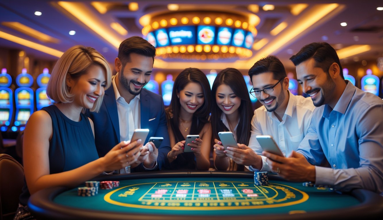 Beberapa orang tersenyum menggunakan perangkat digital di dalam kasino dengan mesin slot dan meja permainan di latar belakang.