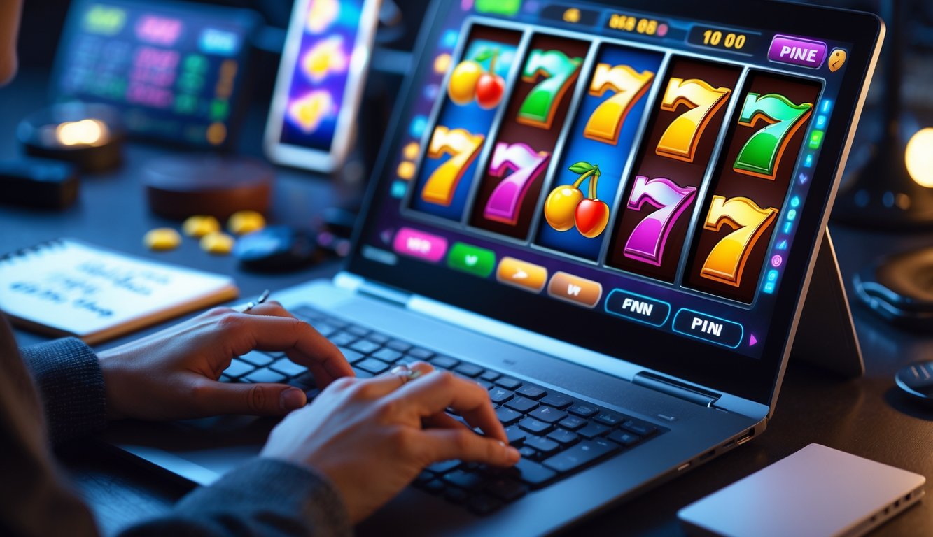 Seseorang menggunakan komputer dengan layar menampilkan permainan slot digital, dengan tangan yang sedang berinteraksi di keyboard dan catatan di meja.