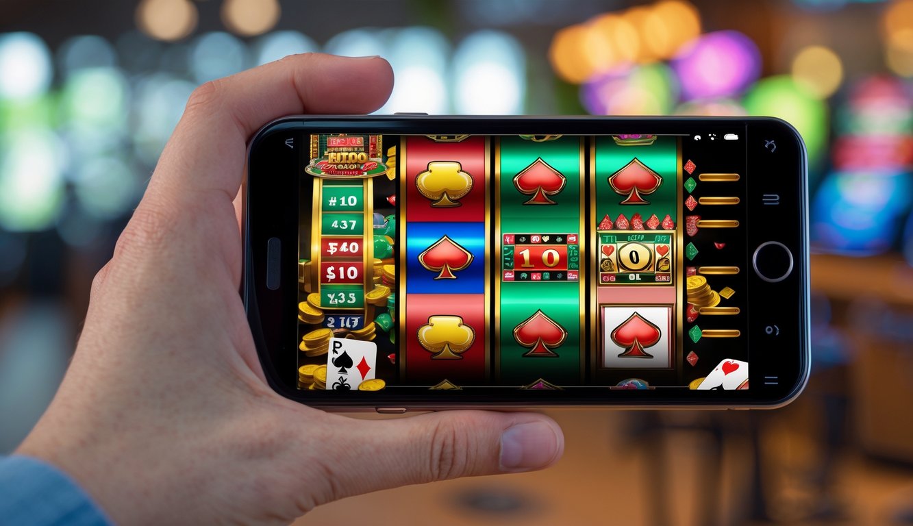Sebuah ponsel modern menampilkan antarmuka aplikasi kasino dengan mesin slot berwarna-warni, kartu poker, dan chip di layarnya.