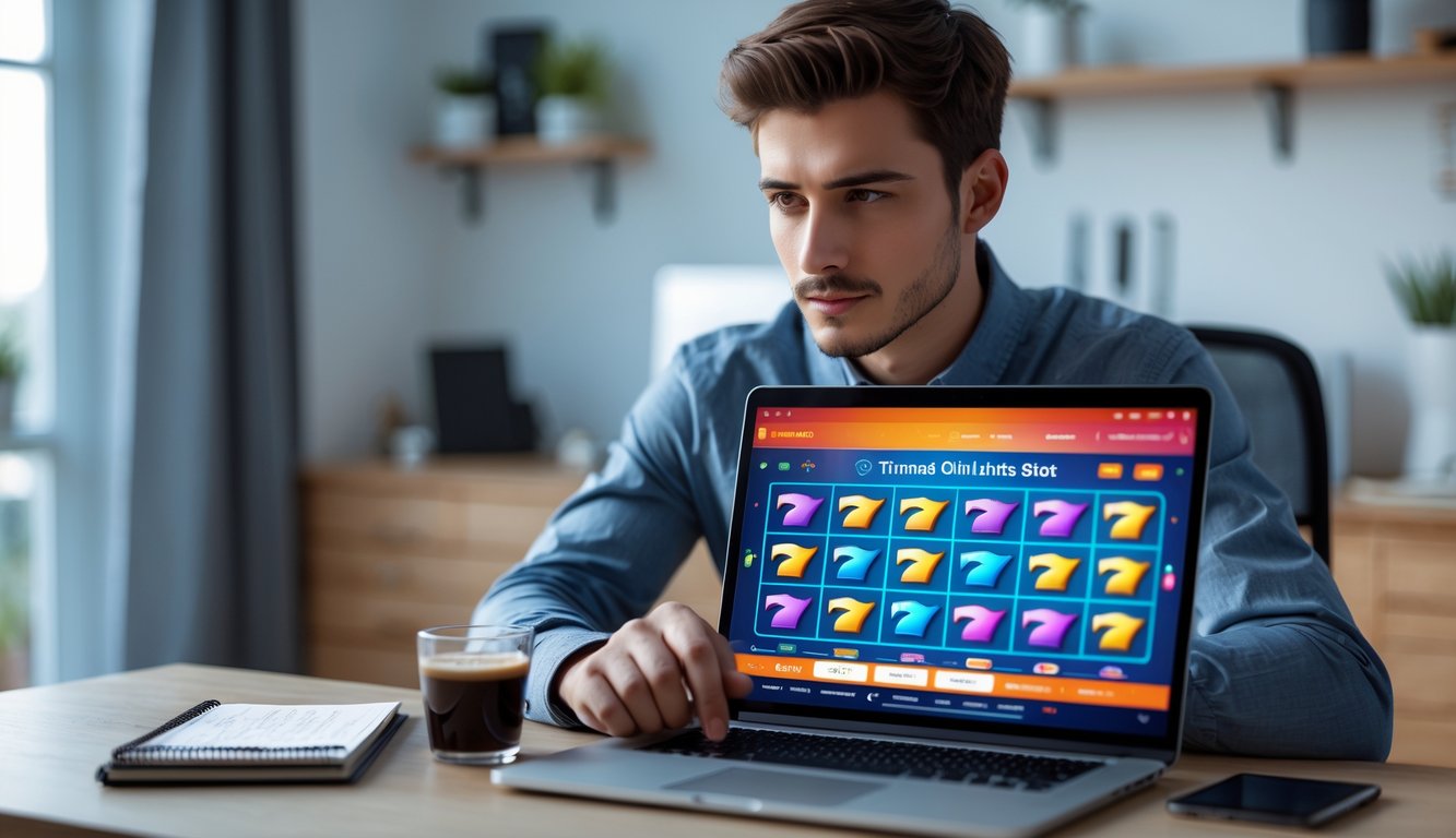 Seorang pria muda duduk di meja dengan laptop yang menampilkan permainan slot online, terlihat fokus dan serius memikirkan strategi bermain.