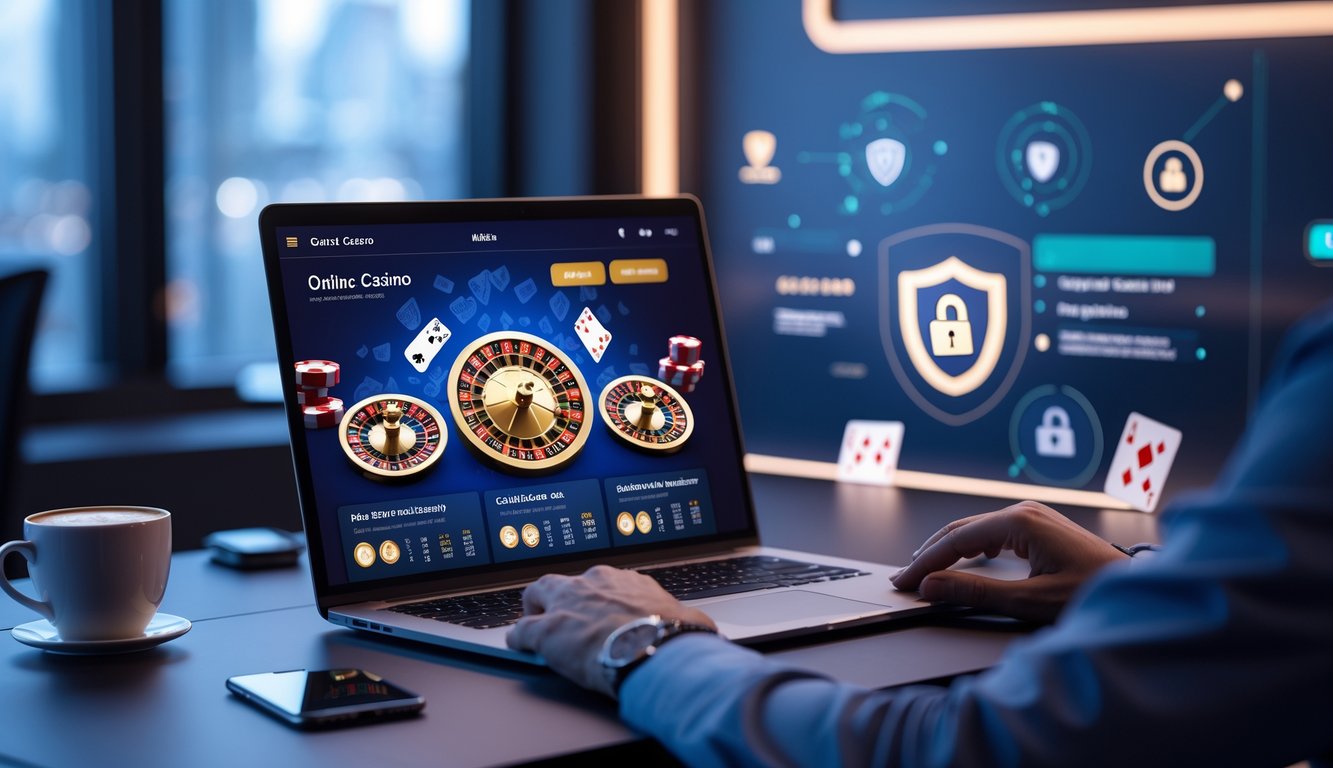 Seorang profesional menggunakan laptop dengan tampilan permainan kasino online yang aman dan legal di meja kerja yang rapi.