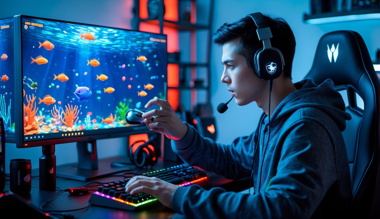 Seorang gamer muda serius bermain game tembak ikan di depan komputer dengan layar berwarna-warni dan perlengkapan gaming lengkap.