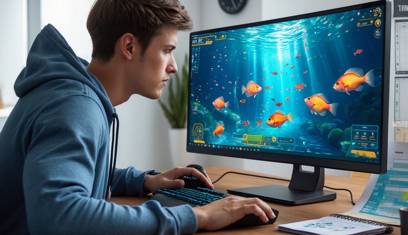 Seorang pria muda sedang fokus bermain game tembak ikan di komputer dengan layar menampilkan ikan berwarna-warni dan efek tembakan, di meja terdapat catatan strategi dan jam di dinding.