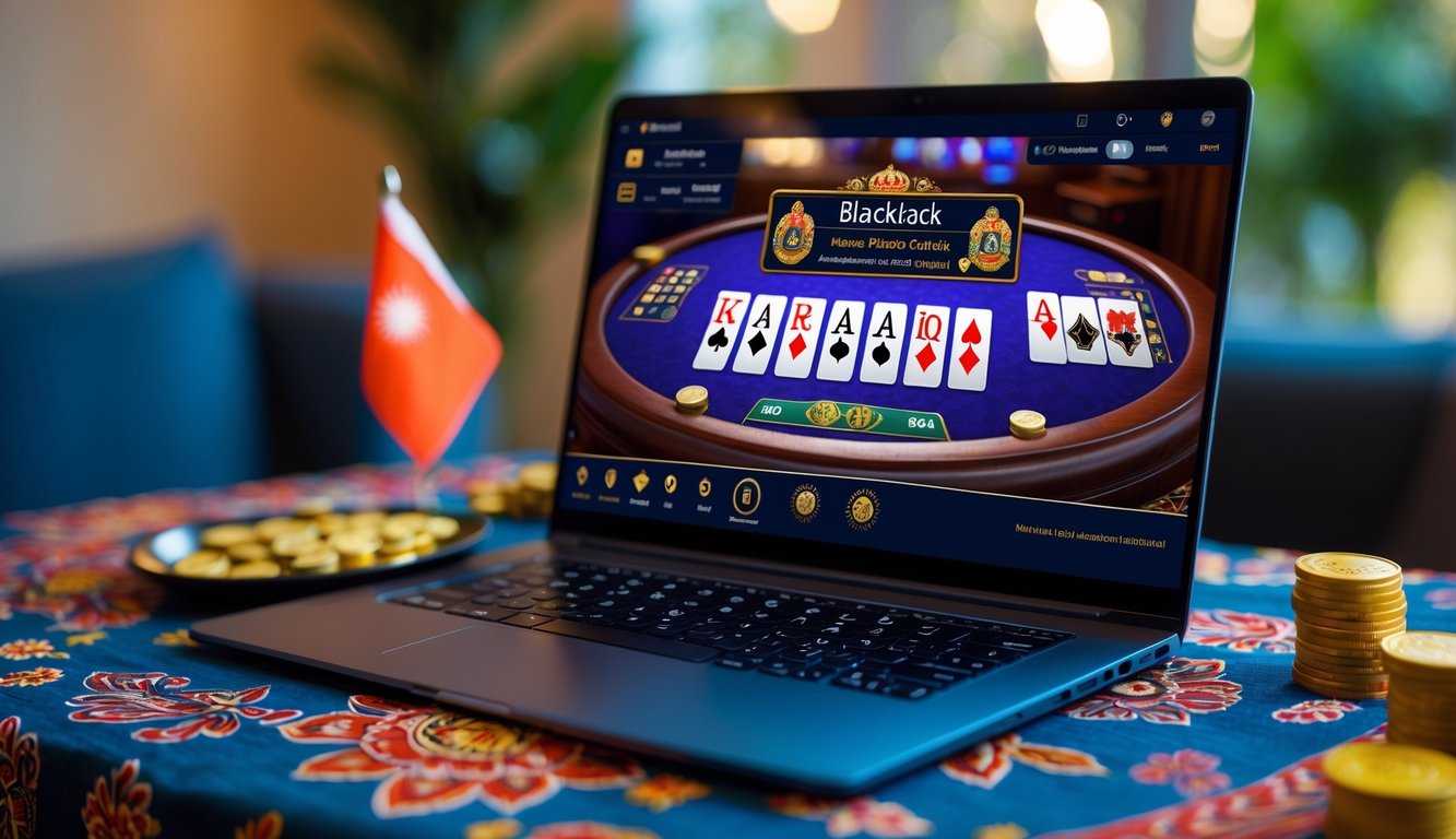 Seorang pemain menggunakan komputer dengan permainan blackjack online, dikelilingi oleh elemen budaya Indonesia seperti kain batik.