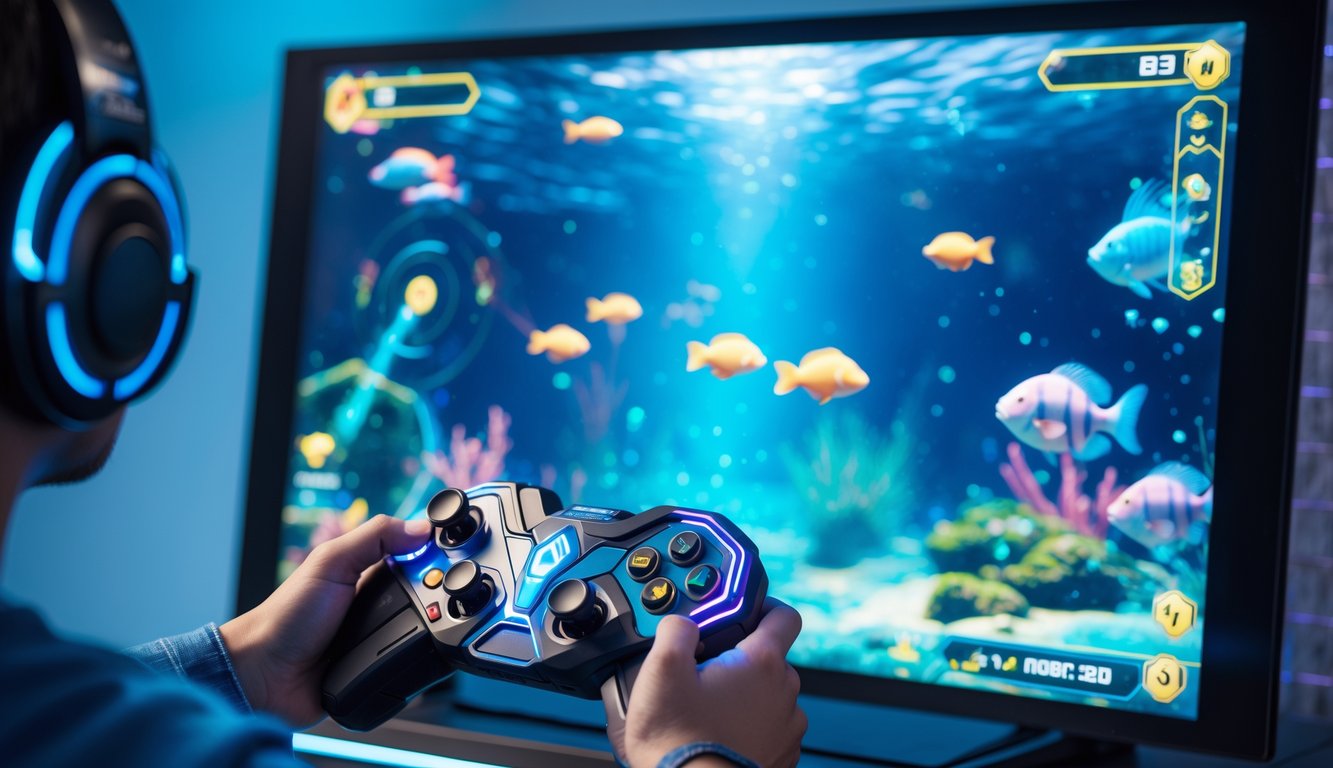 Seorang pemain sedang menggunakan kontroler modern untuk bermain permainan tembak ikan dengan layar menampilkan berbagai ikan dan power-up.