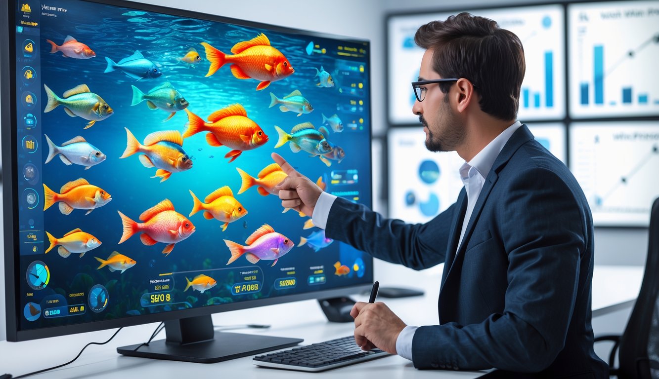 Seorang ahli sedang menganalisis berbagai jenis ikan digital pada layar komputer di ruang kerja modern.