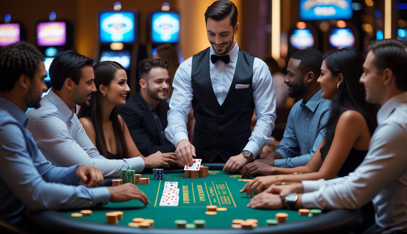 Meja blackjack kasino dengan dealer dan pemain yang sedang bermain kartu.