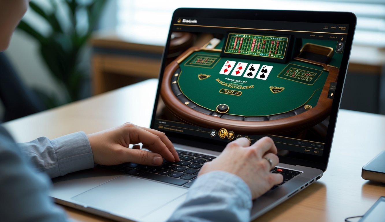 Seseorang bermain blackjack online di laptop dengan meja permainan dan kartu terlihat jelas.