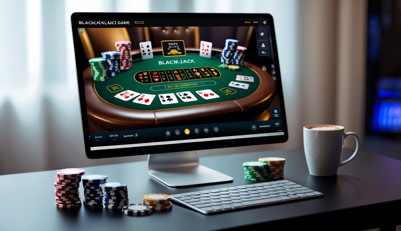 Seseorang bermain blackjack online di depan layar komputer dengan kartu dan chip poker di meja.