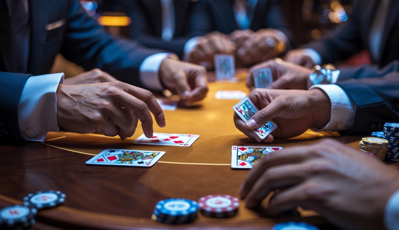 Beberapa pemain sedang membaca kartu dan bermain judi Ceme di meja kayu dengan tumpukan chip di kasino modern.