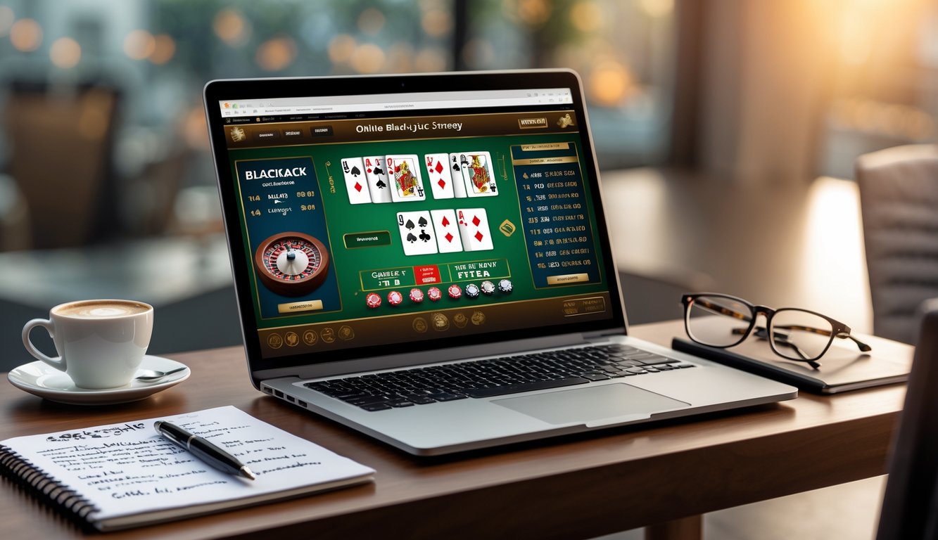 Seorang individu sedang belajar strategi blackjack online dengan laptop yang menampilkan permainan blackjack, buku catatan strategi, dan cangkir kopi di meja.