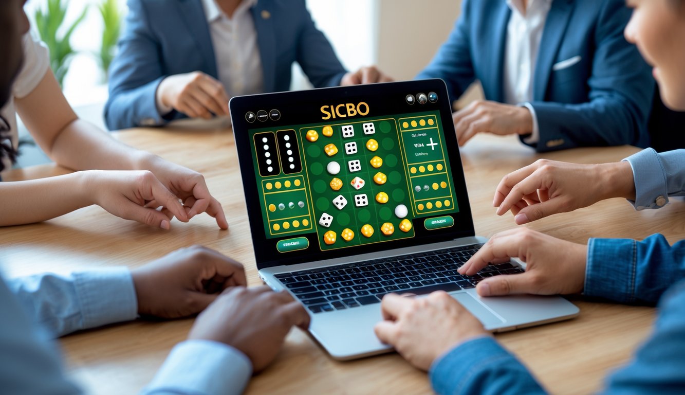 Orang-orang bermain permainan Sicbo online menggunakan laptop di lingkungan rumah yang terang dan modern.